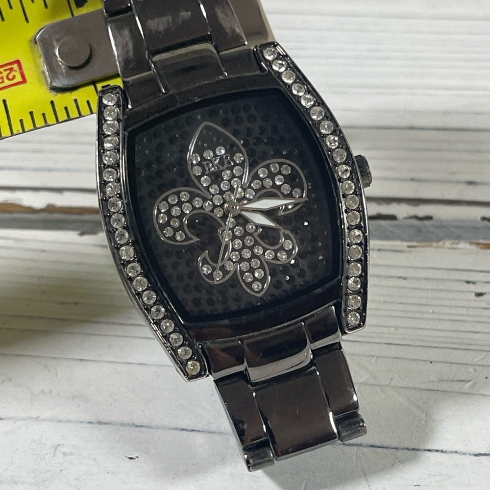 *NEW BATTERY* BKE watch fleur-de-lis Lily Saints Rhinestone Gunmetal Black Steel - Picture 7 of 12